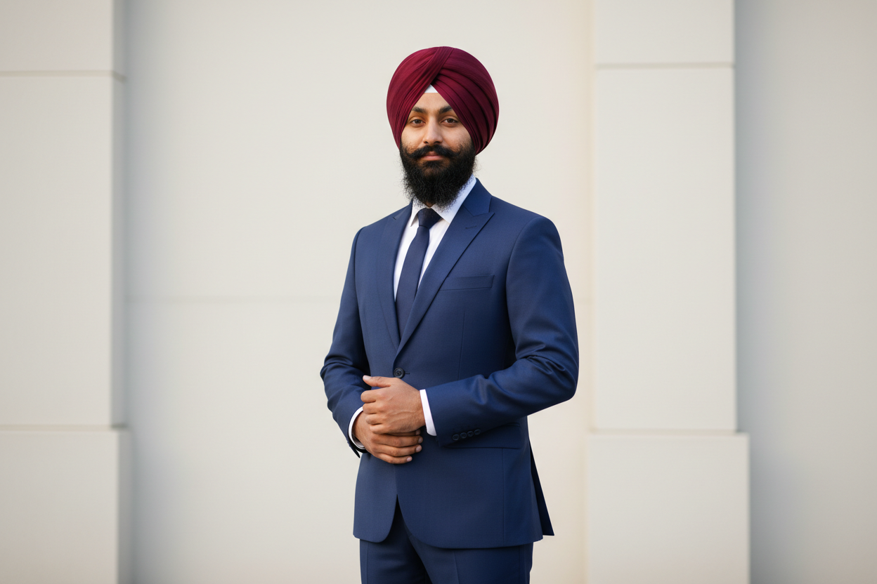 Create an image showing a Sikh man wearing a blue dress suit along with Wine coloured turban
