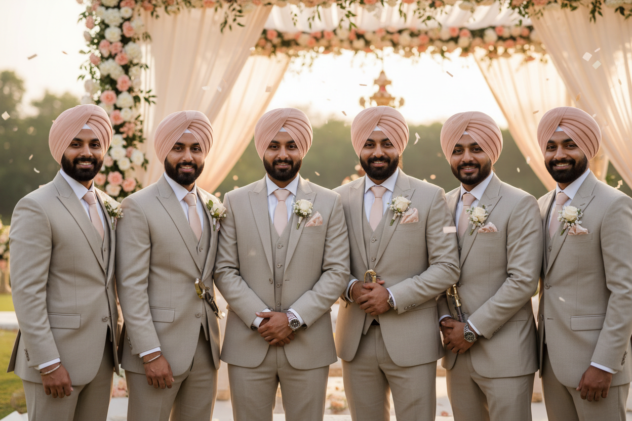 family image of Sikh men in a wedding dressed in beige suits with powder peach turbans 